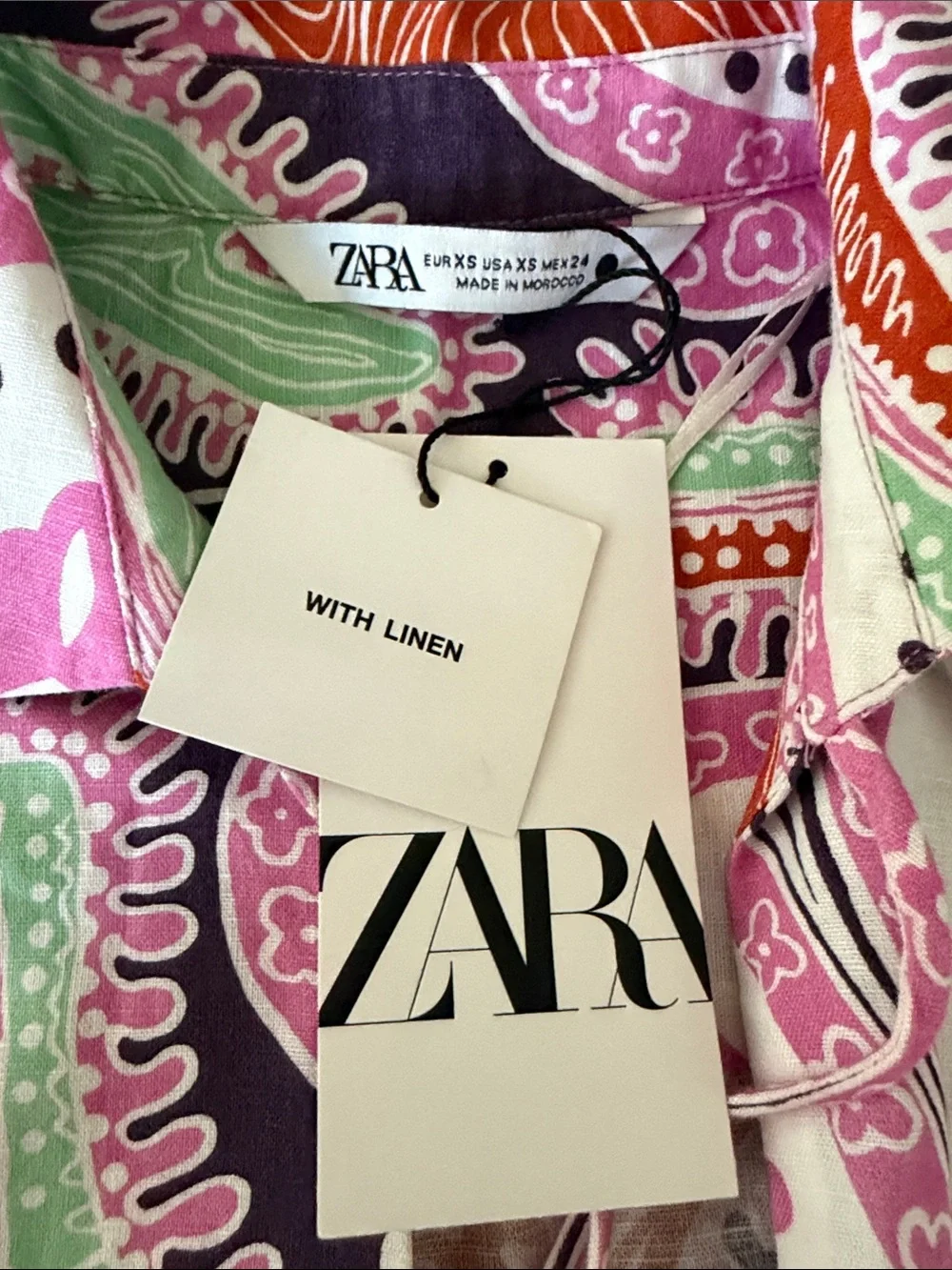 Zara Linen Multicolored Two-Piece Set size XS comes with scrunchie